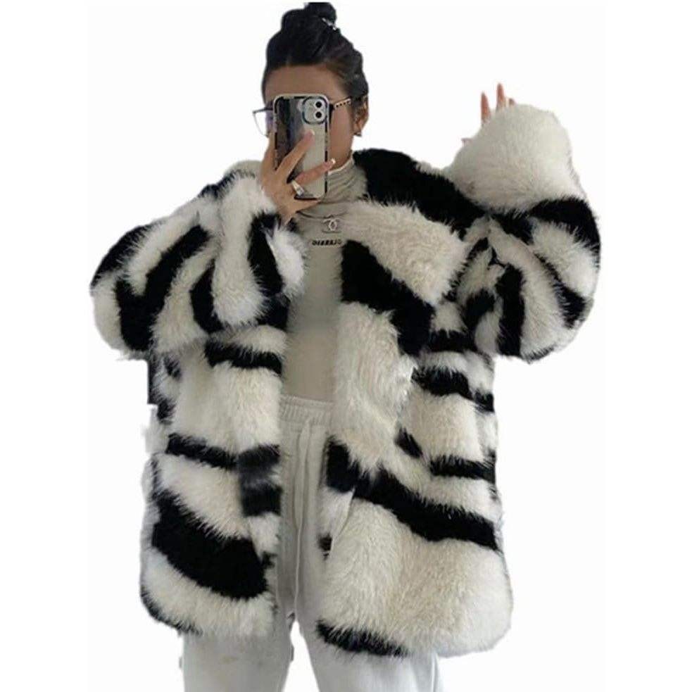 Women's Elegant Fox Zebra Print Faux Windproof Coat Winter Warm Casual Outerwear MASDB Brand Full Sleeve Turn-down Collar S-4XL