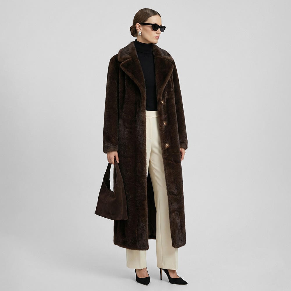 European Autumn Winter Women's Long Faux Fur Coat with Mink Collar Woven Overcoat Plain Dyed Suit