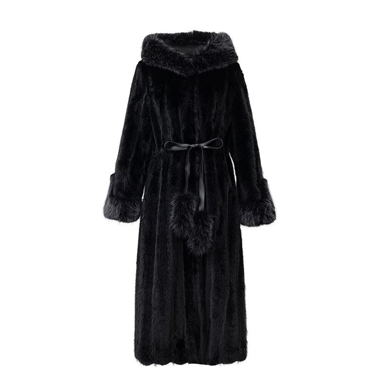 Long Black/Brown Winter Coat for Women Lady's Faux Fur Hood Overcoat with Tassel Decoration and Big Collar Warm