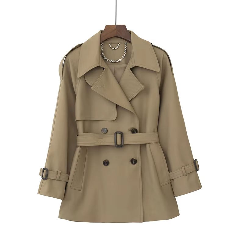 High-quality Khaki Short Women's Trench Coat with Belt and Stylish Coat Jacket